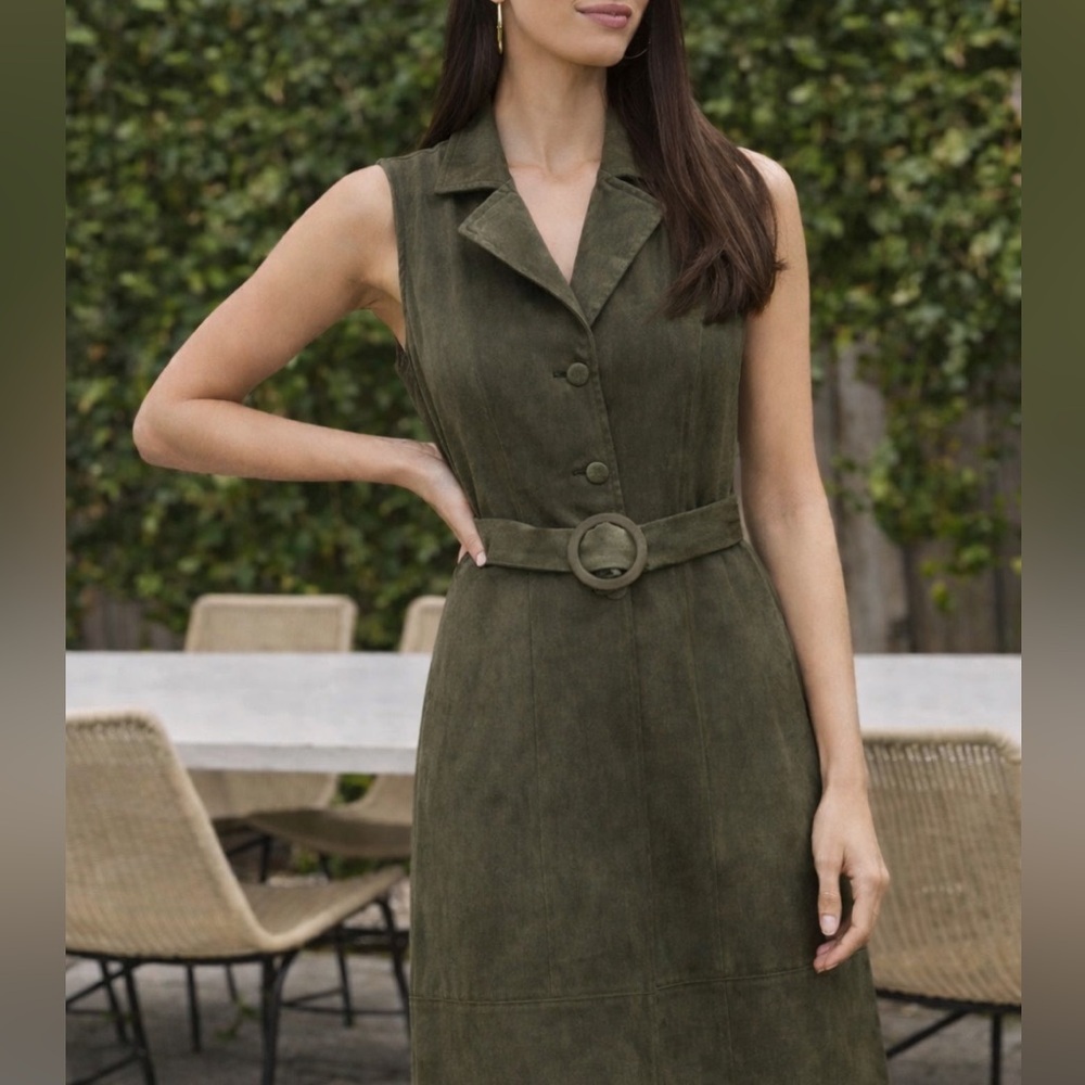 Avara Faux Suede Mossy Green Rochelle Dress New with Tags Belted Business Casual